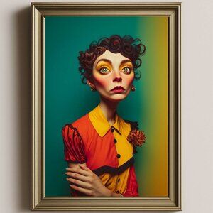 Surreal Retro Portrait Art Print | Bold Woman in Yellow and Red Dress | Pop Surr
